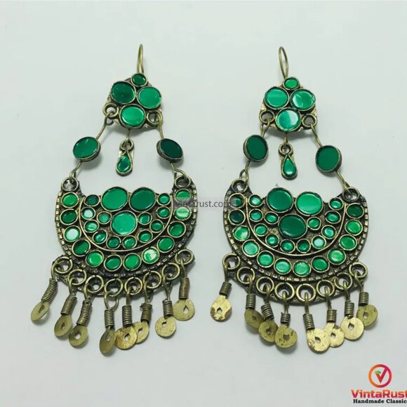 Green Glass Stone Kuchi Earrings: Tribal Tassel Dangle Jewelry - Picture 1 of 6